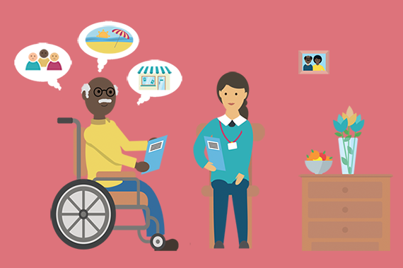 Illustration depicting a man in a wheelchair discussing his care needs with a health and care professional