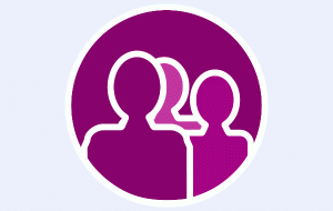 circle containing simple outlines of human shapes against a purple background