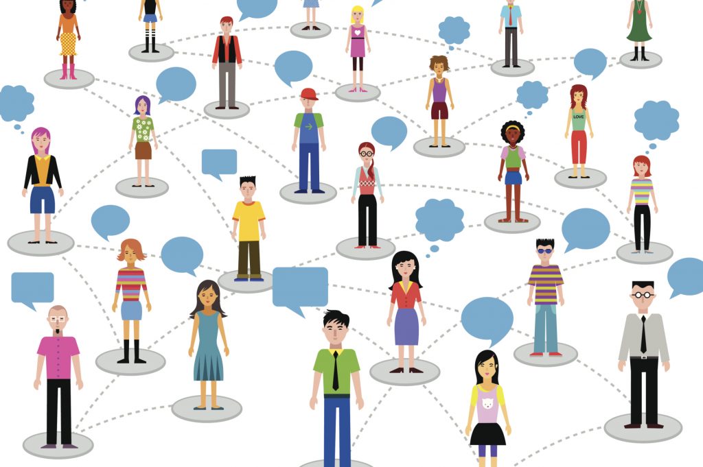 cartoon depicting lots of people connected by dots and communicating through speech bubbles