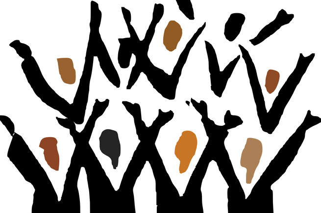 Silhouette of a choir singing with arms upheld