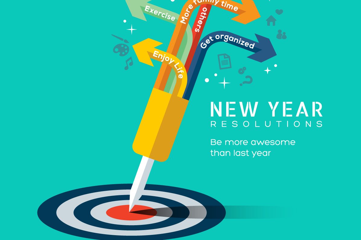 New Year Resolutions represented by arrows bearing slogans like 'get fit' and 'get organised'