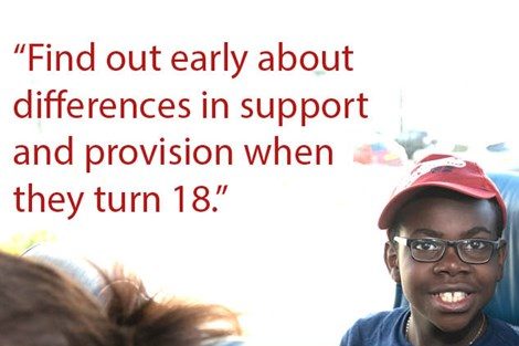 Smiling black boy on poster about finding services when children turn 18.