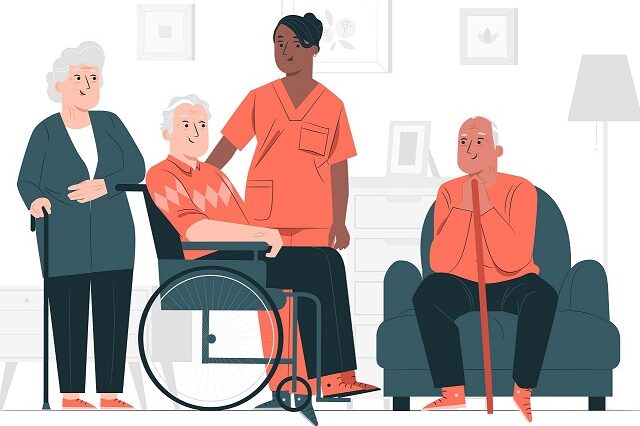 Cartoon image of care colleague with residents