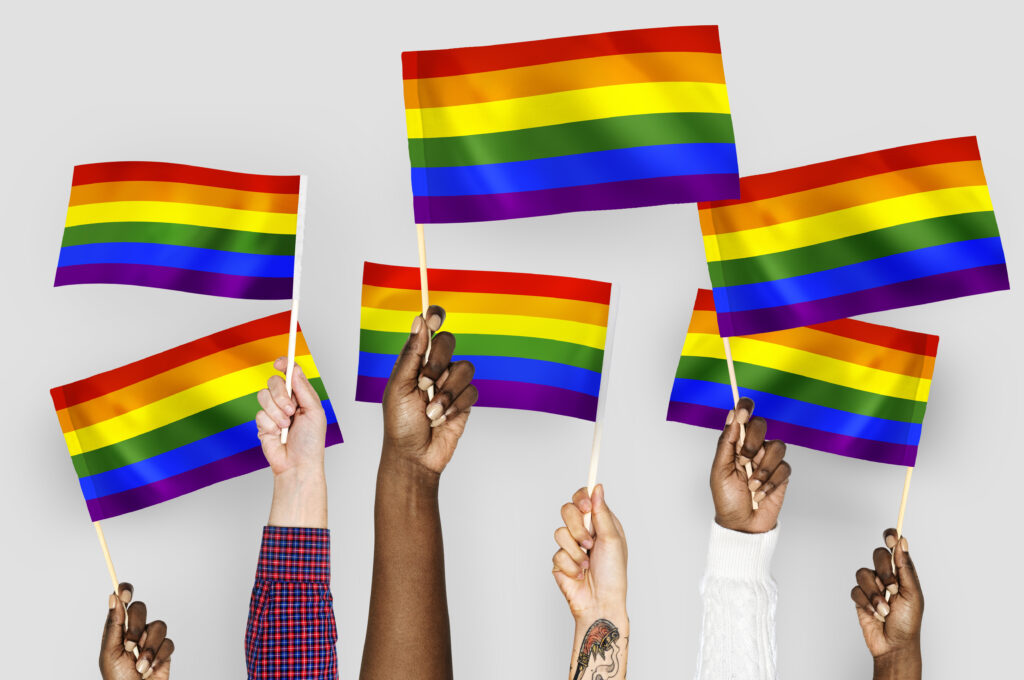 Diverse range of hands holding rainbow flags