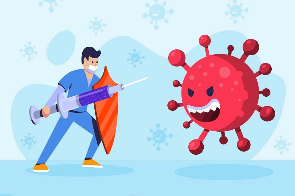 Cartoon of man with shield and giant syringe fending off a virus