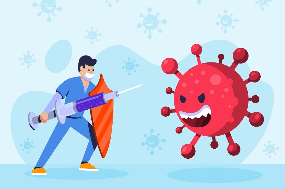 Cartoon man fighting giant virus