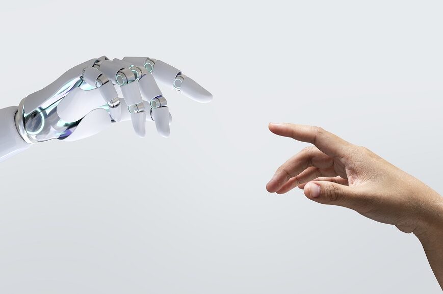 Human and robot hand reaching out to each other
