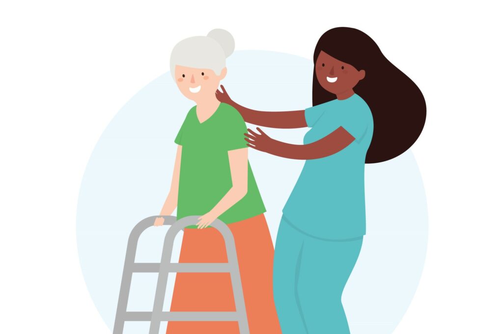Care worker helping woman with her walker